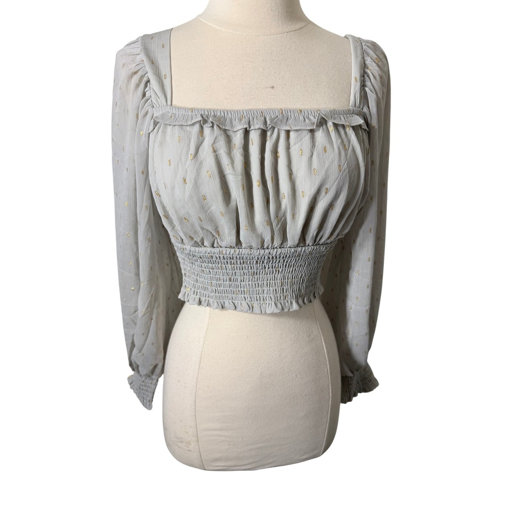 By The River Light Blue Gold Metallic Clip Dot Smocked Crop Top Small NWT